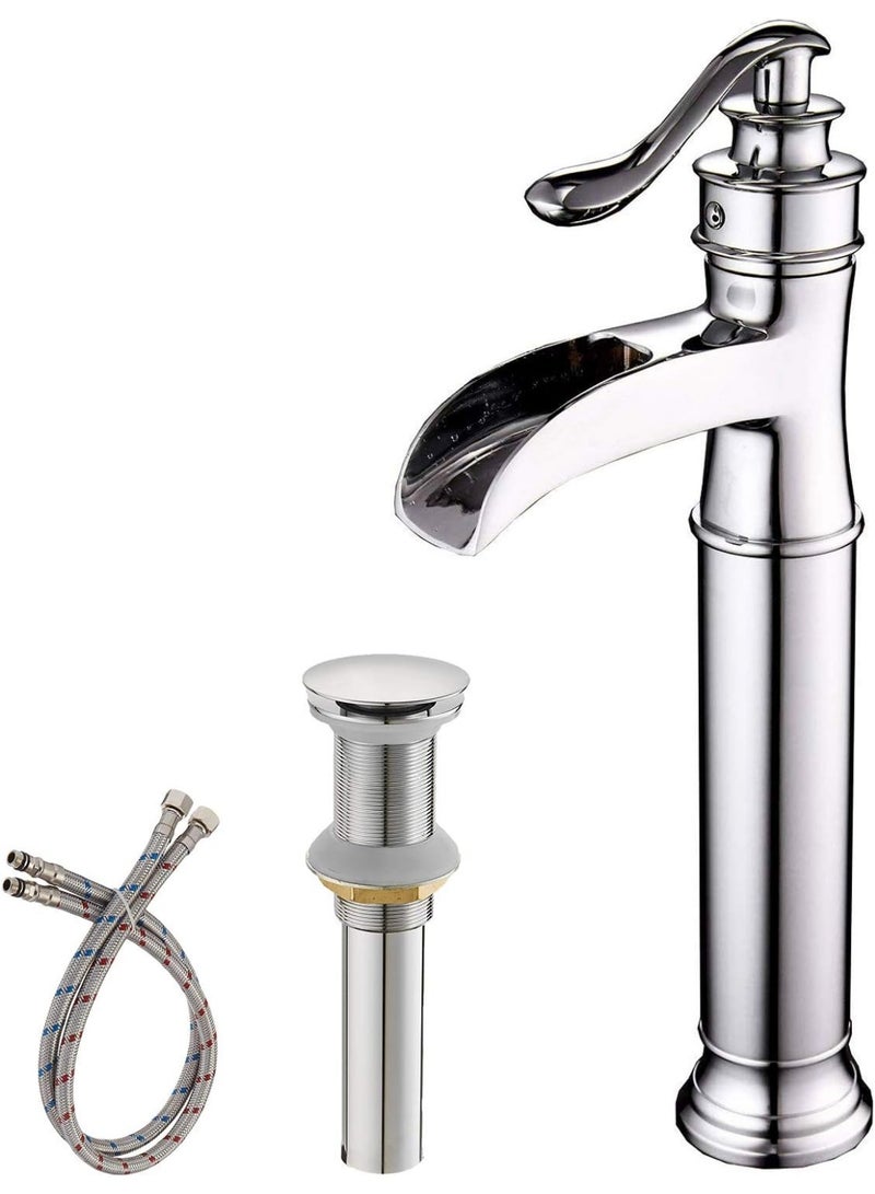 واي دي صنبور حوض حمام عصري بتصميم شلال، بمقبض ذراع واحد، صنبور حوض طويل، مصنوع من النحاس الصلب، تصميم يُركب على سطح الحوض، خرطوشة موفرة للمياه، تركيبات متينة مقاومة للصدأ. - Image 1